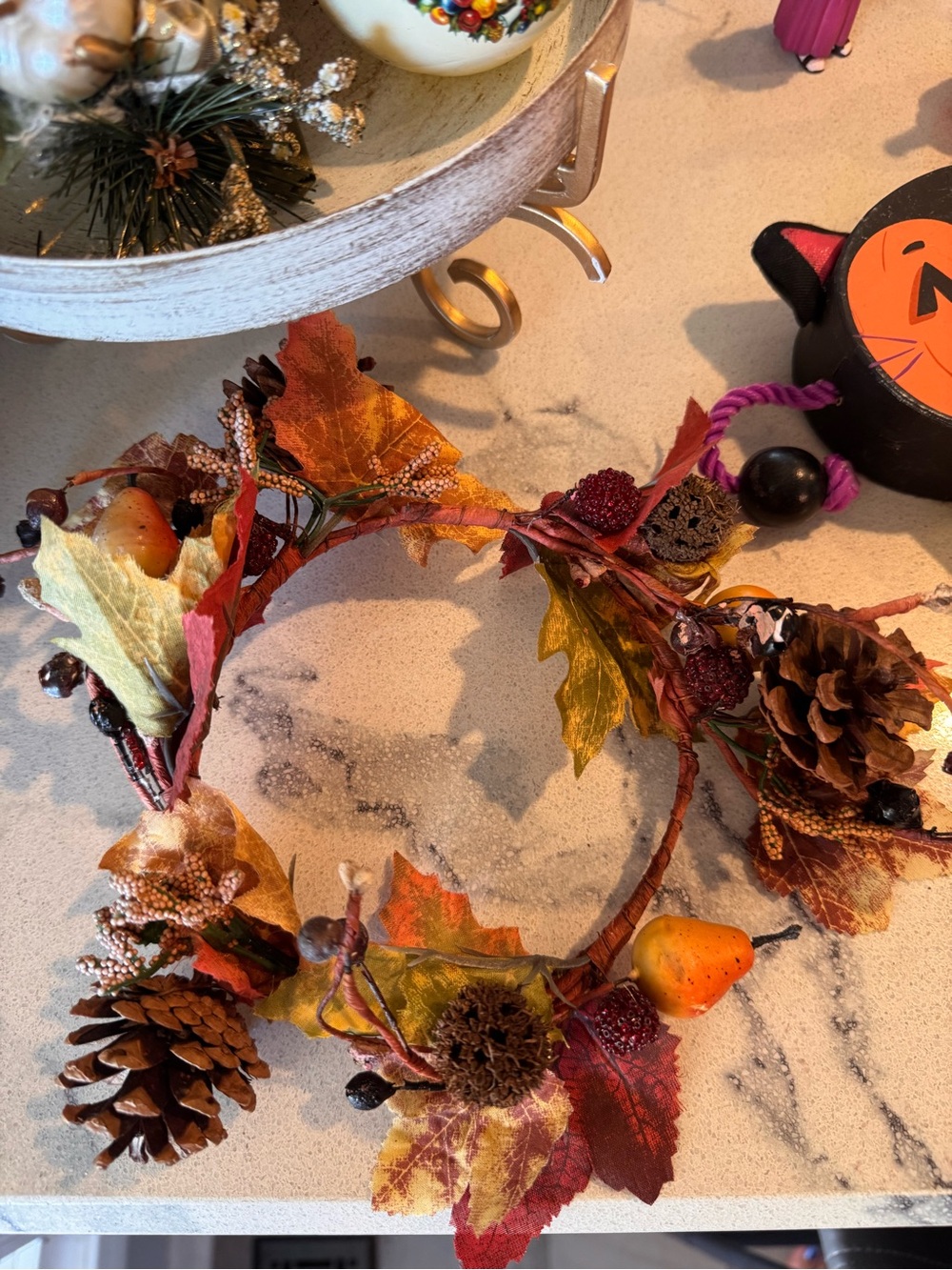 VTG Autumn Harvest Floral Crown - Faux Pinecone & Leaf Wreath or Candle 🕯️ Ring